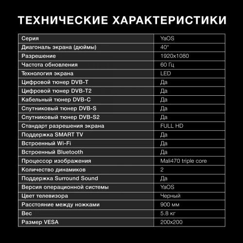 Телевизор LED Hyundai 40" H-LED40BS5003 Яндекс.ТВ Frameless черный FULL HD 60Hz DVB-T DVB-T2 DVB-C DVB-S DVB-S2 USB WiFi Smart TV