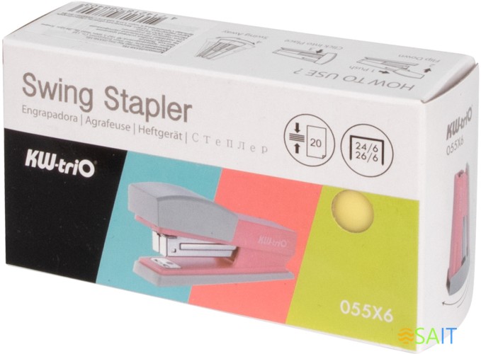 Степлер Kw-Trio 055X6-YEL Swing Standing 24/6 26/6 (20листов) желтый 100скоб пластик коробка
