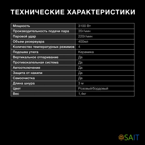 Утюг Hyundai H-SI01780 3100Вт розовый/бордовый