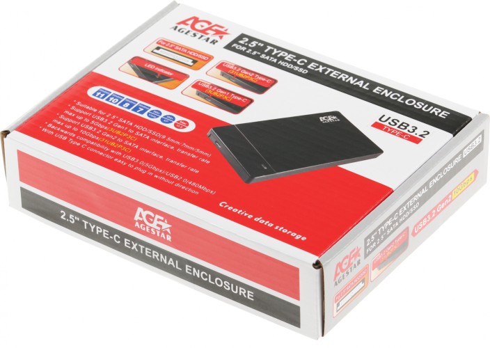 Внешний корпус для HDD/SSD AgeStar 31UB2P3C SATA USB3.2 пластик черный hotswap 2.5"