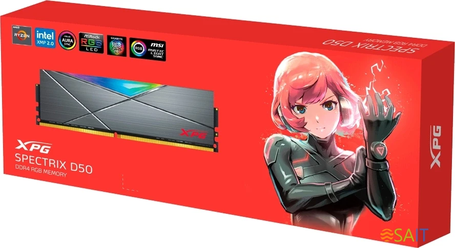 Память DDR4 32GB 3200MHz A-Data AX4U320032G16A-ST50 XPG Spectrix D50 RGB RTL Gaming PC4-25600 CL16 DIMM 288-pin 1.35В single rank с радиатором Ret