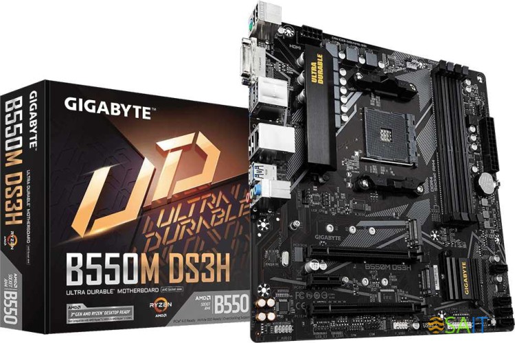 Материнская плата Gigabyte B550M DS3H Soc-AM4 AMD B550 4xDDR4 mATX AC`97 8ch(7.1) GbLAN RAID+DVI+HDMI