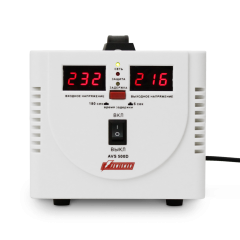 Стабилизатор POWERMAN AVS 500D, ступенчатый регулятор, цифровые индикаторы уровней напряжения, 500ВА, 140-260В, максимальный входной ток 5А, 2 евророзетки, IP-20, напольный, 200мм х 150мм х 140мм, 2,3 кг. POWERMAN AVS 500D