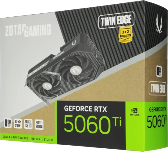 Видеокарта Zotac PCI-E 5.0 RTX 5060TI 8GB TWIN EDGE NVIDIA GeForce RTX 5060TI 8Gb 128bit GDDR7 2572/28000 HDMIx1 DPx3 HDCP Ret