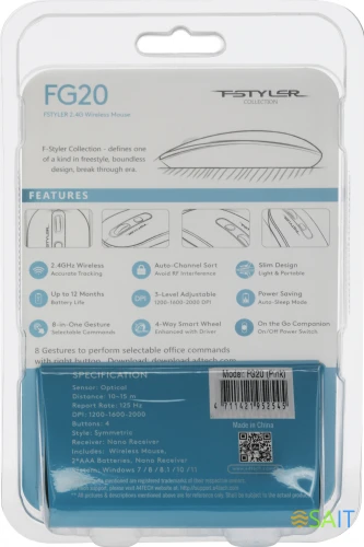 Мышь A4Tech Fstyler FG20 розовый оптическая 2000dpi беспров. USB для ноутбука 4but (FG20 PINK)