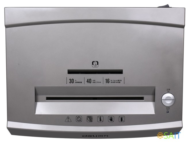 Шредер Deli 9906 серый с автоподачей (секр.P-5) фрагменты 16лист. 30лтр. скрепки скобы пл.карты CD