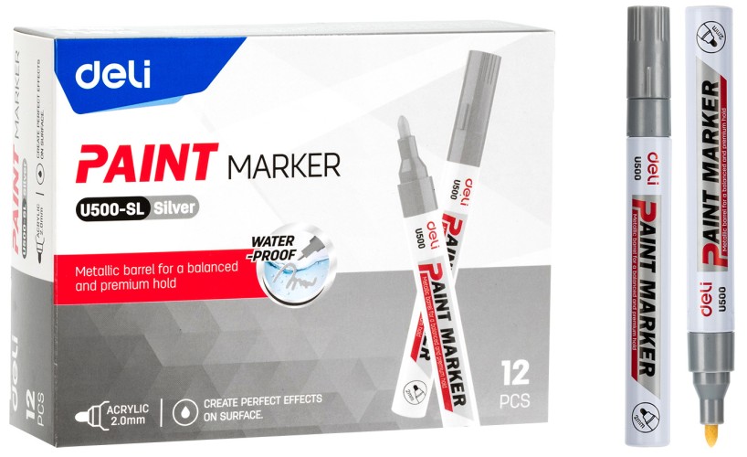 Маркер краска Deli EU500-SL 2мм пулевидный пиш. наконечник серебристый