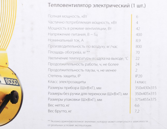 Тепловая пушка электрическая Ballu Prorab 2 BHP-P2-6 желтый/черный