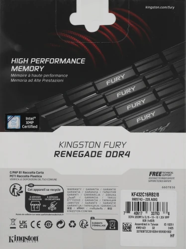 Память DDR4 8GB 3200MHz Kingston KF432C16RB2/8 Fury Renegade Black RTL Gaming PC4-25600 CL16 DIMM 288-pin 1.35В dual rank с радиатором Ret