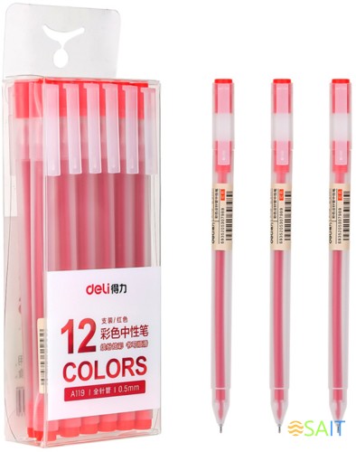 Ручка гелев. Deli A119-RD прозрачный красн. черн. линия 0.5мм