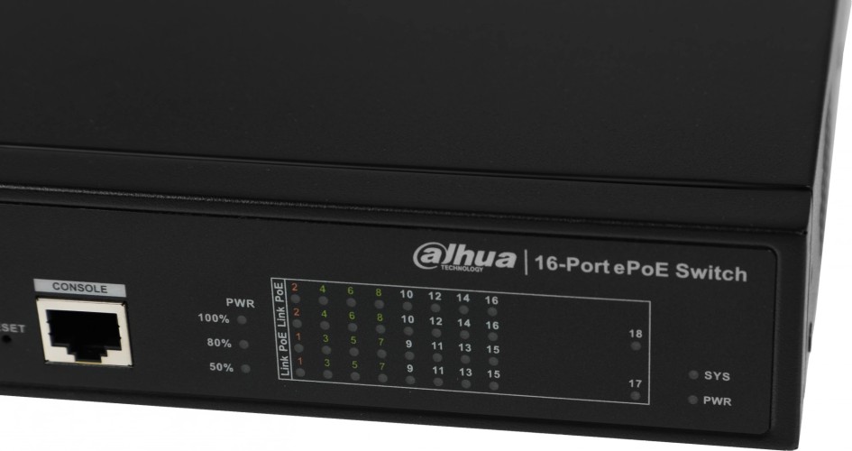 Коммутатор Dahua DH-LR2218-16ET-240 (L2) 16x100Мбит/с 2x1Гбит/с 2xКомбо(1000BASE-T/SFP) 2SFP 14PoE+ 2PoE++ 240W управляемый