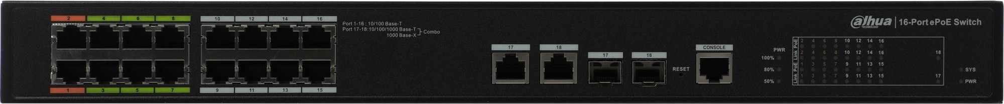 Коммутатор Dahua DH-LR2218-16ET-240 (L2) 16x100Мбит/с 2x1Гбит/с 2xКомбо(1000BASE-T/SFP) 2SFP 14PoE+ 2PoE++ 240W управляемый