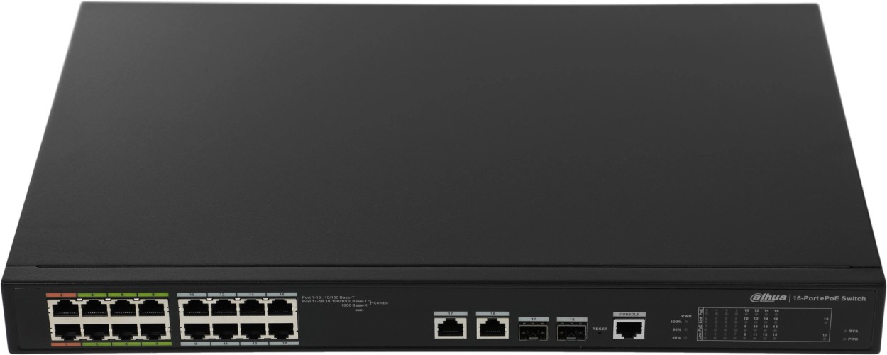 Коммутатор Dahua DH-LR2218-16ET-240 (L2) 16x100Мбит/с 2x1Гбит/с 2xКомбо(1000BASE-T/SFP) 2SFP 14PoE+ 2PoE++ 240W управляемый