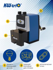 Точилка для карандашей механическая Kw-Trio 307Ablue 307A-BLU 1 отверстие металл синий