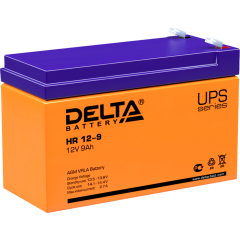 Батарея DELTA серия HR, HR 12-9, напряжение 12В, емкость 9Ач (разряд 20 часов), макс. ток разряда (5 сек.) 135А, макс. ток заряда 2.7А, свинцово-кислотная типа AGM, клеммы F2, ДxШxВ 151х65х94мм., вес 2.78кг., срок службы 8 лет. Delta UPS HR 12-9 (12V / 9