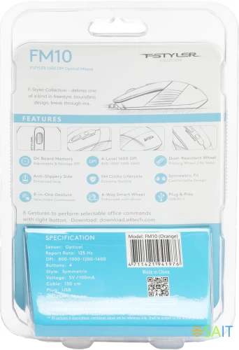 Мышь A4Tech Fstyler FM10 черный/оранжевый оптическая 1600dpi USB 4but (FM10 ORANGE)