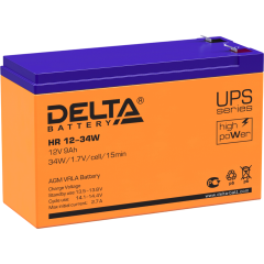 Батарея DELTA серия HR-W, HR 12-34 W, напряжение 12В, емкость 9Ач (разряд 20 часов), макс. ток разряда (5 сек.) 160А, макс. ток заряда 2.7А, свинцово-кислотная типа AGM, клеммы F2, ДxШxВ 151х65х94мм., вес 2.62кг., срок службы 8 лет. Delta HR 12-34 W (12V
