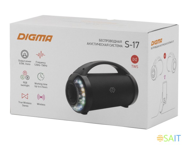 Колонка порт. Digma S-17 черный 8.5W 1.0 BT/3.5Jack/USB 10м 1500mAh
