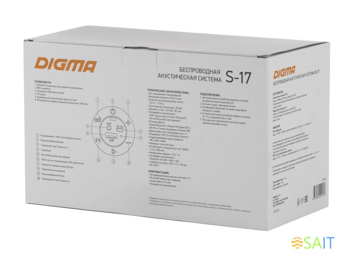 Колонка порт. Digma S-17 черный 8.5W 1.0 BT/3.5Jack/USB 10м 1500mAh