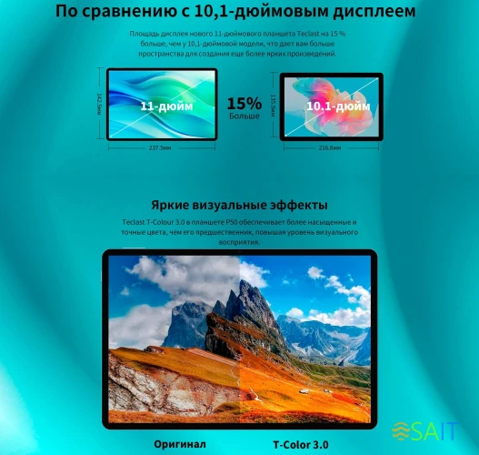 Планшет Teclast P50 Premium Set T606 (1.6) 8C RAM6Gb ROM128Gb 11" IPS 1280x800 4G 1Sim Android 14 голубой 13Mpix 5Mpix BT WiFi microSD 1Tb 8000mAh