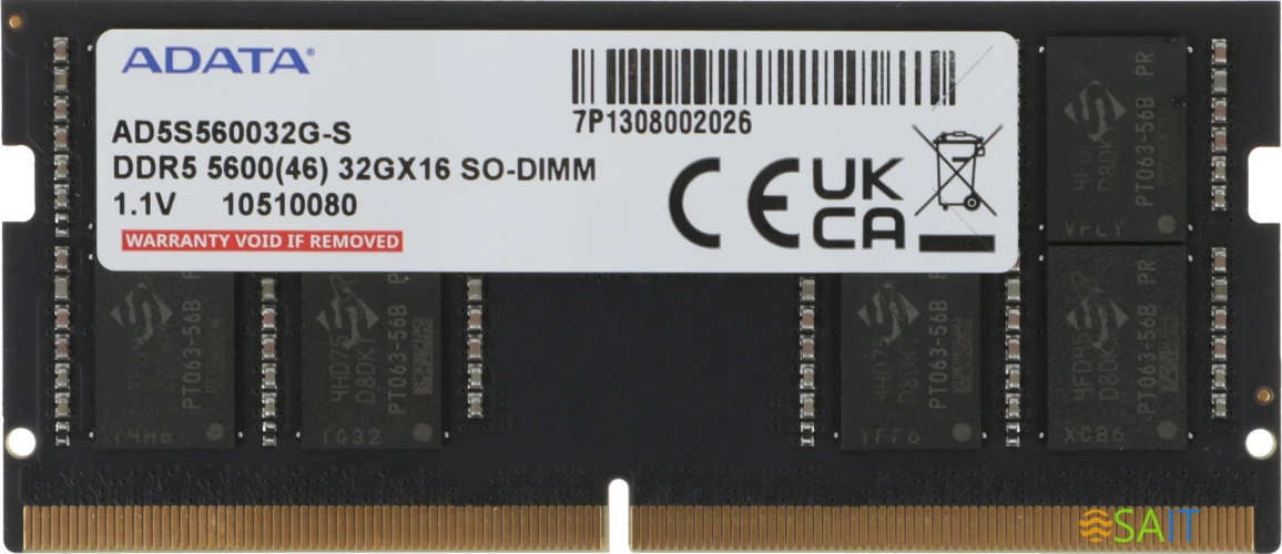 Память DDR5 32GB 5600MHz A-Data AD5S560032G-S RTL PC5-44800 CL46 SO-DIMM 262-pin 1.1В single rank Ret