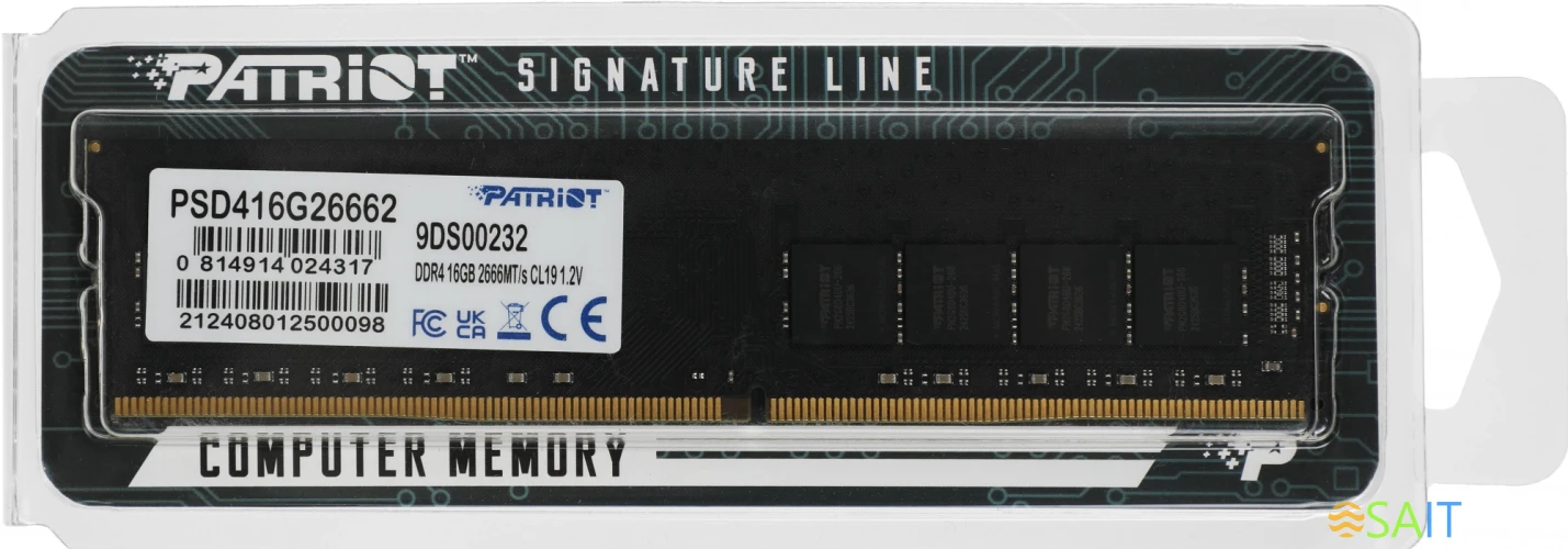 Память DDR4 16GB 2666MHz Patriot PSD416G26662 Signature RTL PC4-21300 CL19 DIMM 288-pin 1.2В single rank Ret
