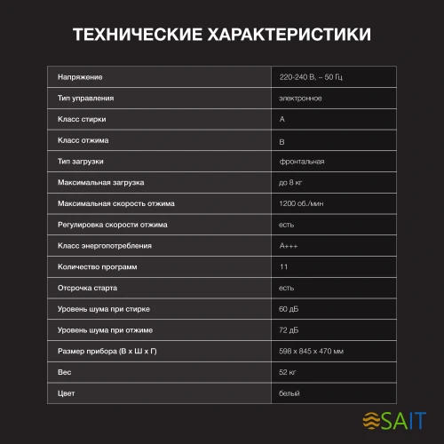 Стиральная машина Hyundai WME8212 класс: A+++ загр.фронтальная макс.:8кг белый инвертор