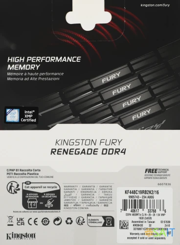 Память DDR4 2x8GB 4800MHz Kingston KF448C19RB2K2/16 Fury Renegade Black RTL Gaming PC4-38400 CL19 DIMM 288-pin 1.5В kit single rank с радиатором Ret