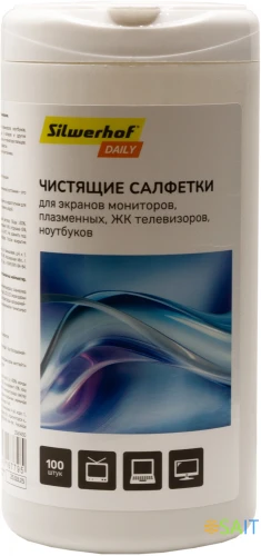 Салфетки Silwerhof DAILY для экранов мониторов/плазменных/ЖК телевизоров/ноутбуков туба 100шт влажных