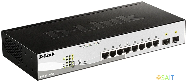 Коммутатор D-Link DGS-1210-10P DGS-1210-10P/FL2A (L2+) 8x1Гбит/с 2xКомбо(1000BASE-T/SFP) 8PoE 8PoE+ 65W управляемый