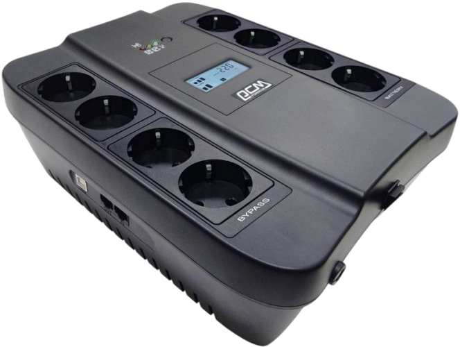 ИБП SPD-900U LCD, линейно-интерактивный, цифровой дисплей,  900 ВA, 540 Вт, 4 евророзетки с резервным питанием, 4 евророзетки с фильтрацией, USB,  защита RJ45/RJ11, батарея свинцово-кислотная 12В 9Ач, ШхГхВ 285х232х103мм, 7.5 кг Powercom SPIDER SPD-900U L