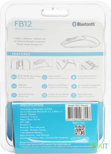 Мышь A4Tech Fstyler FB12 белый/черный оптическая 1200dpi беспров. BT/Radio USB 3but (FB12 PANDA)