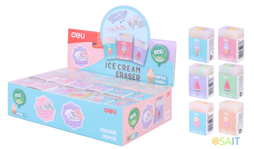 Ластик Deli EH301 прямоугольный 38х25х17мм ассорти индивидуальная картонная упаковка