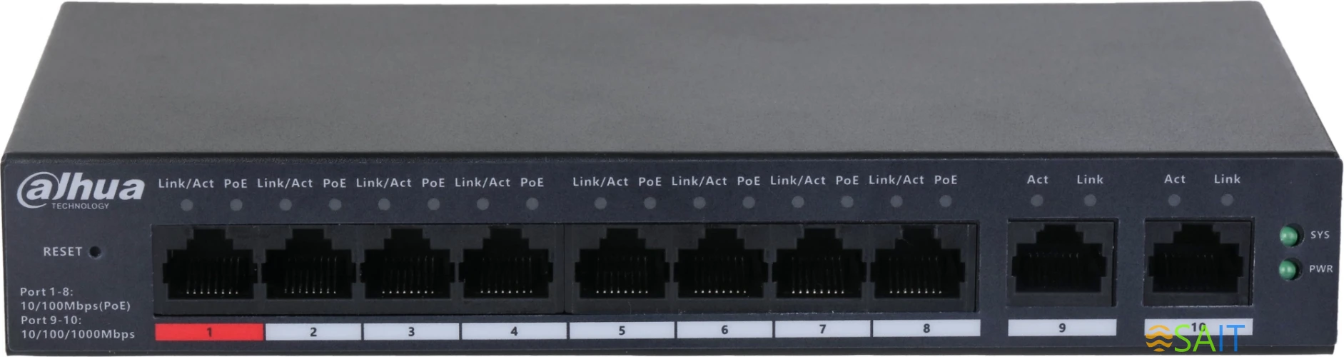 Коммутатор Dahua DH-CS4010-8ET-110 (L2) 8x100Мбит/с 2x1Гбит/с 8PoE 110W управляемый