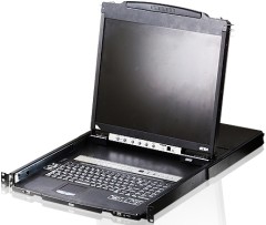 Консоль управления, LCD 19"(1280x1024), лат./рус. клав., 16-портовый KVM-переключатель, +1 remote user(SPHD18(Male)),2хUSB(Тип а Female), KVM-порты: SPHD15(Female), каскадирование. ATEN CL5816NR