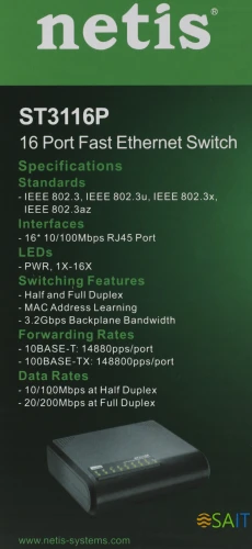 Коммутатор Netis ST3116P (L2) 16x100Мбит/с неуправляемый