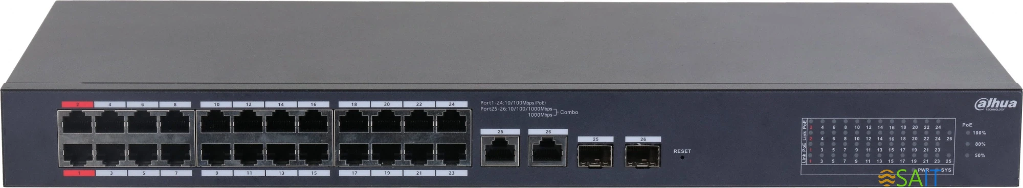 Коммутатор Dahua DH-CS4226-24ET-375 (L2) 24x100Мбит/с 2xКомбо(1000BASE-T/SFP) 2SFP 24PoE 375W управляемый