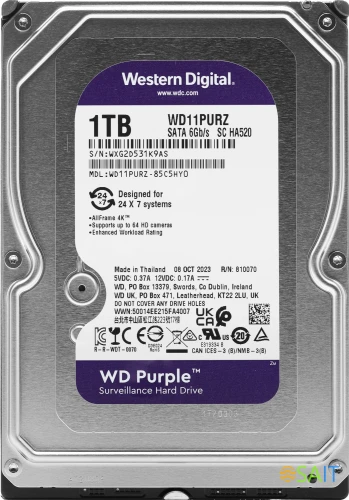 Жесткий диск WD SATA-III 1TB WD11PURZ Surveillance Purple (5400rpm) 64Mb 3.5"