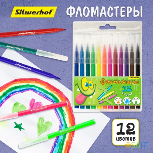 Фломастеры Silwerhof Монстрики 9мм 145мм круг. пулевидный пиш. наконечник Вентилируемый 12цв. пакет с европодвесом