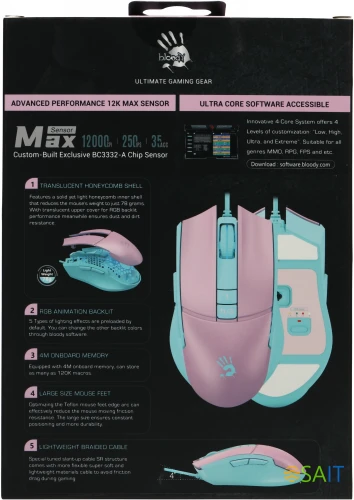 Мышь A4Tech Bloody L65 Max розовый/голубой оптическая 12000dpi USB 6but (L65 MAX/SKY PINK)