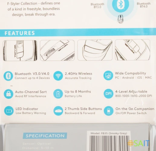 Мышь A4Tech Fstyler FB35 серый оптическая 2000dpi беспров. BT/Radio USB для ноутбука 6but (FB35 SMOKY GREY)