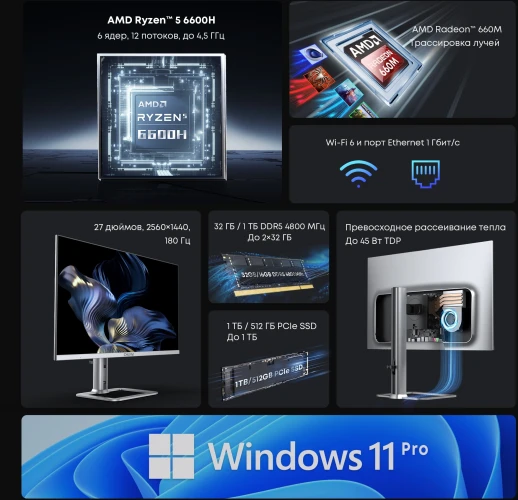 Моноблок Chuwi Unitech 27 27" 2K Ryzen 5 6600H (3.3) 32Gb SSD1Tb 660M Windows 11 Pro GbitEth WiFi BT 48W клавиатура мышь Cam серебристый/черный 2560x1440