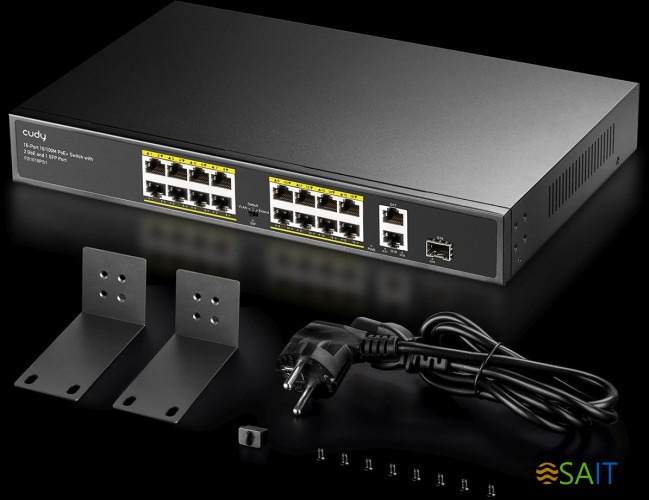 Коммутатор Cudy FS1018PS1 (L2) 16x100Мбит/с 2x1Гбит/с 1SFP 16PoE+ 200W неуправляемый
