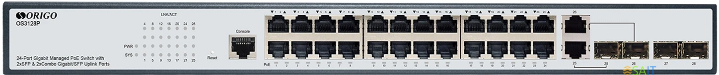 Коммутатор Origo OS3128P/250W OS3128P/250W/A1A (L2) 24x1Гбит/с 2xКомбо(1000BASE-T/SFP) 2SFP 24PoE+ 250W управляемый