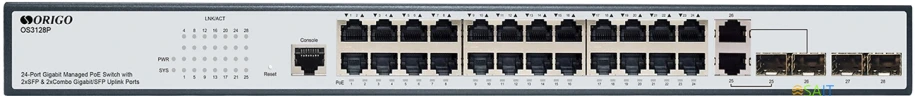 Коммутатор Origo OS3128P/250W OS3128P/250W/A1A (L2) 24x1Гбит/с 2xКомбо(1000BASE-T/SFP) 2SFP 24PoE+ 250W управляемый