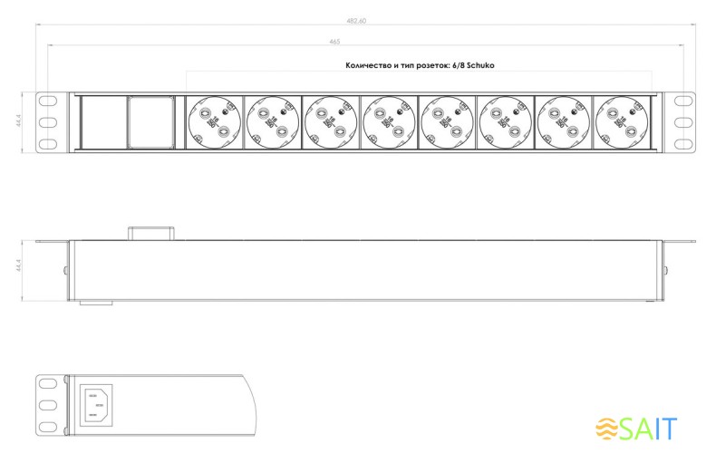 Блок распределения питания Hyperline SHE19-8SH-S-IEC гор.размещ. 8xSchuko базовые 10A C14