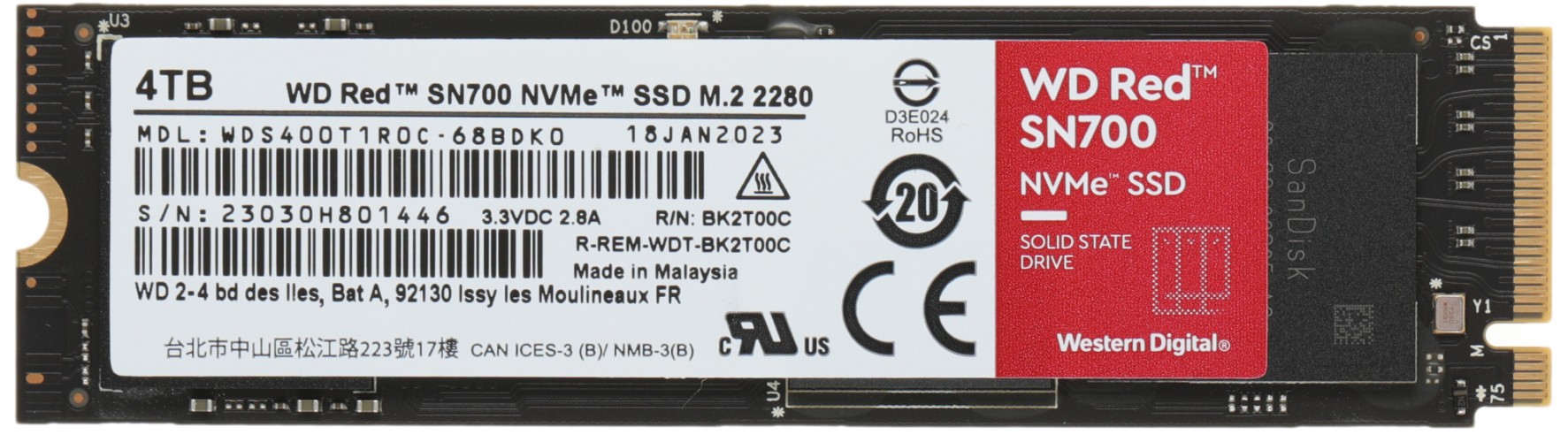 Накопитель SSD WD Original PCIe 3.0 x4 4TB WDS400T1R0C Red SN700 M.2 2280