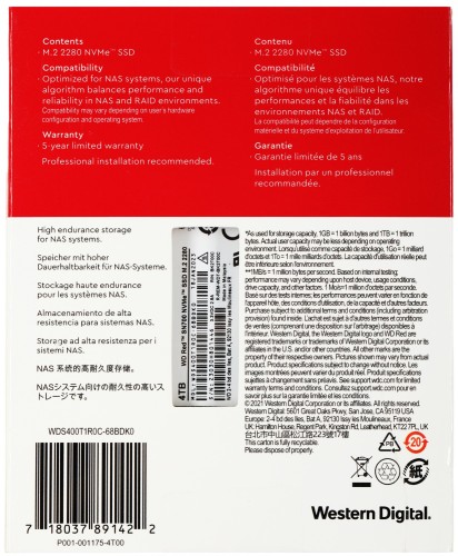 Накопитель SSD WD Original PCIe 3.0 x4 4TB WDS400T1R0C Red SN700 M.2 2280