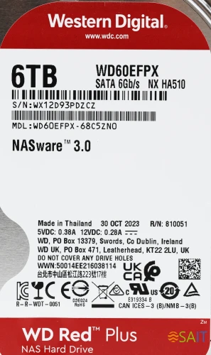 Жесткий диск WD SATA-III 6TB WD60EFPX NAS Red Plus (5400rpm) 256Mb 3.5"