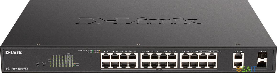 Коммутатор D-Link DGS-1100-26MPPV2/A3A (L2) 24x1Гбит/с 2xКомбо(1000BASE-T/SFP) 2SFP 24PoE 90W управляемый